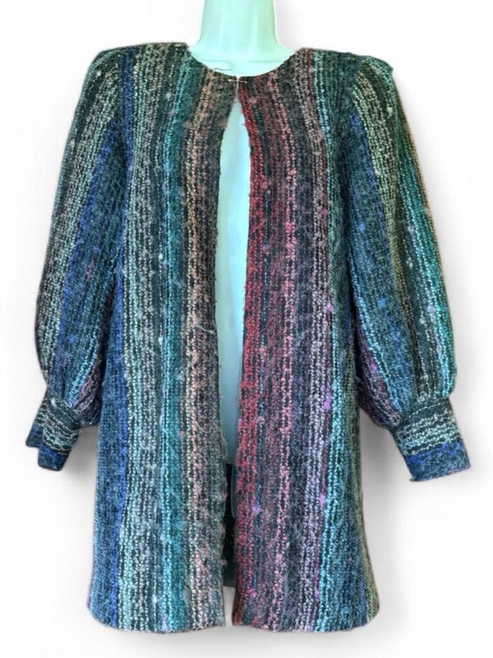 1980s Boucle Knit Open Front Cardigan Sweater S Wool Blend Rainbow Stripes Artsy